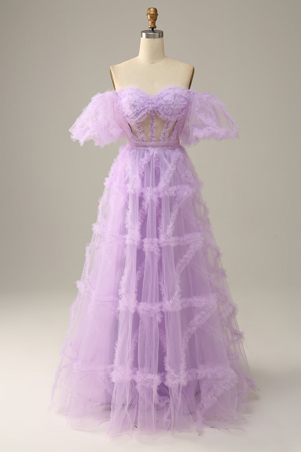 Tulle Lavender Off The Shoulder A Line Prom Dress