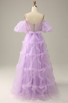 Tulle Lavender Off The Shoulder A Line Prom Dress