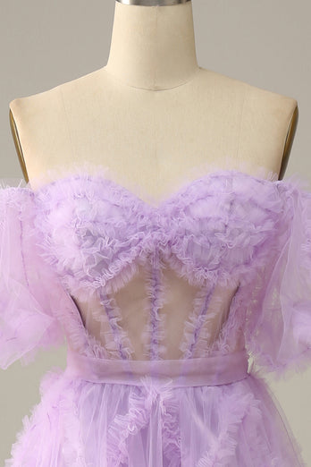 Tulle Lavender Off The Shoulder A Line Prom Dress