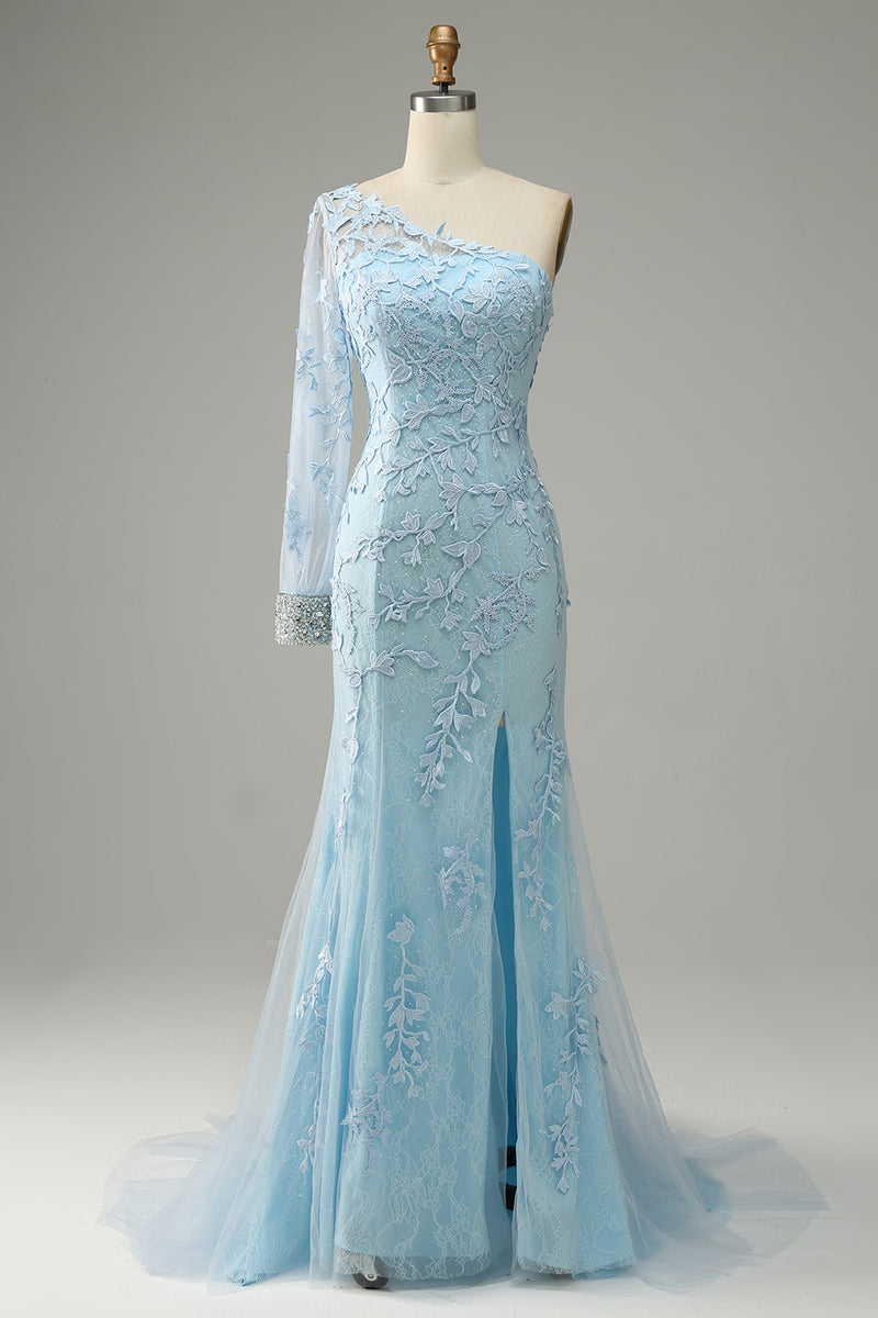 Load image into Gallery viewer, One Shoulder Sky Blue Mermaid Prom Dress With Appliques