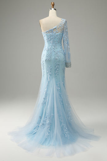 One Shoulder Sky Blue Mermaid Prom Dress With Appliques