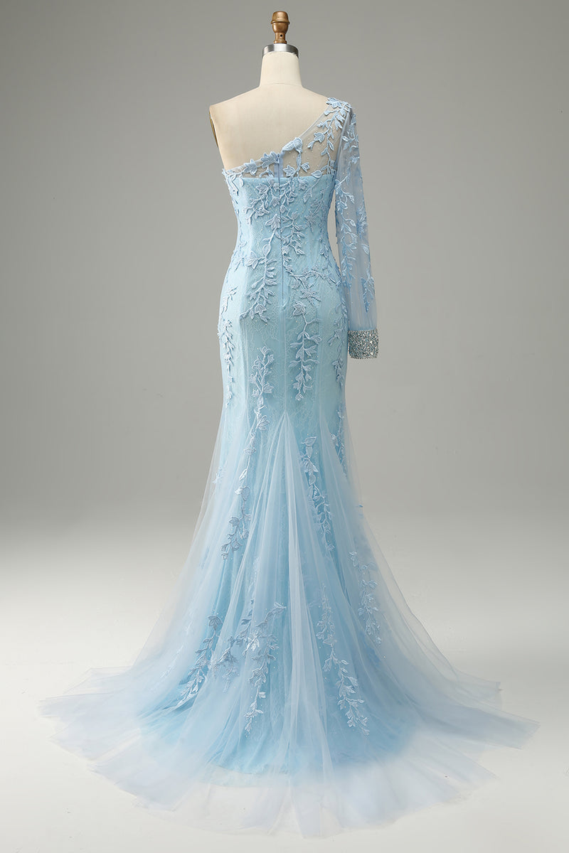 Load image into Gallery viewer, One Shoulder Sky Blue Mermaid Prom Dress With Appliques