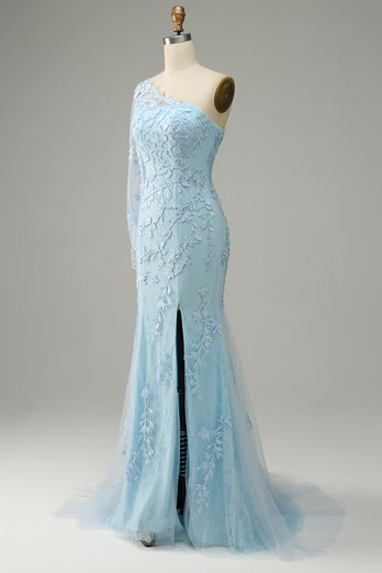 One Shoulder Sky Blue Mermaid Prom Dress With Appliques