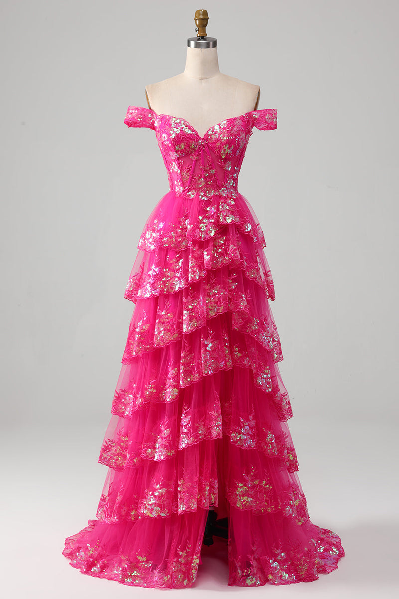 Load image into Gallery viewer, A-line Off The Shoulder Fuchsia Prom Dress with Sequins