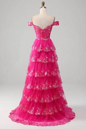 A-line Off The Shoulder Fuchsia Prom Dress with Sequins