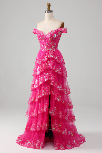 A-line Off The Shoulder Fuchsia Prom Dress with Sequins