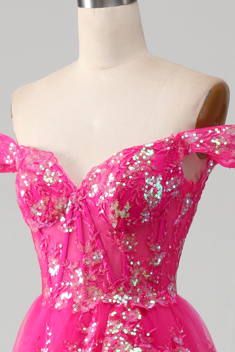 Load image into Gallery viewer, A-line Off The Shoulder Fuchsia Prom Dress with Sequins