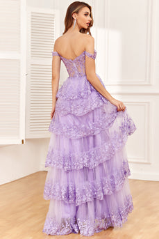 Off the Shoulder Purple Corset Prom Dress with Slit