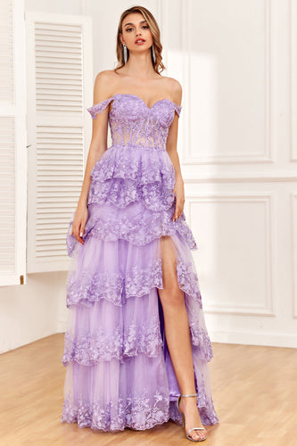 Off the Shoulder Purple Corset Prom Dress with Slit