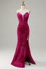 Load image into Gallery viewer, Strapless Hot Pink Sequin Prom Dress with Slit