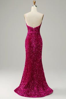 Strapless Hot Pink Sequin Prom Dress with Slit