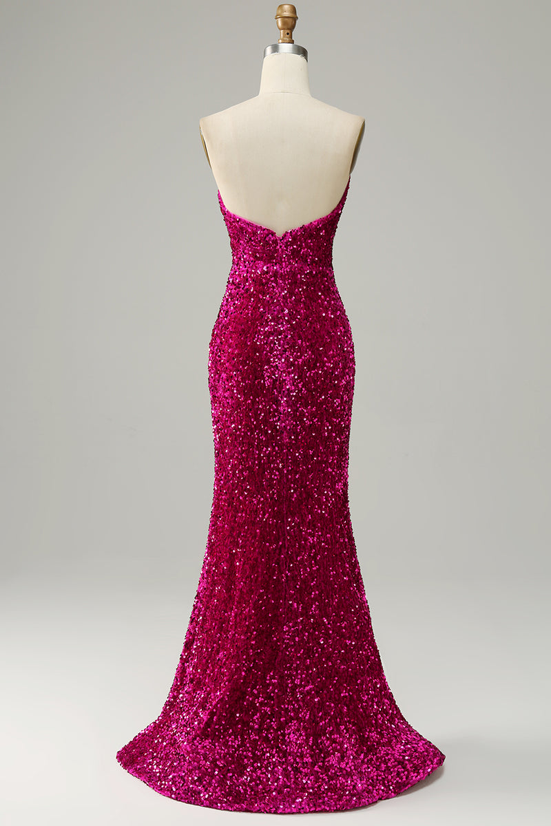 Load image into Gallery viewer, Strapless Hot Pink Sequin Prom Dress with Slit