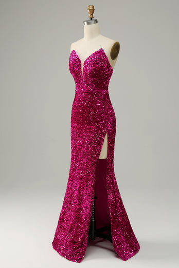 Strapless Hot Pink Sequin Prom Dress with Slit