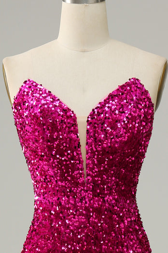 Strapless Hot Pink Sequin Prom Dress with Slit