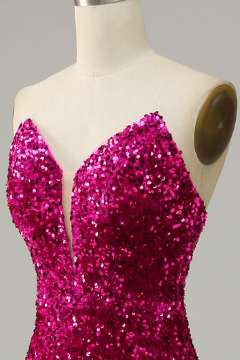 Strapless Hot Pink Sequin Prom Dress with Slit