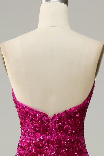 Strapless Hot Pink Sequin Prom Dress with Slit