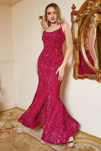 Spaghetti Straps Hot Pink Sequin Mermaid Prom Dress with Lace-up Back