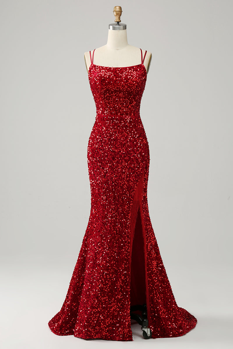 Load image into Gallery viewer, Fringes Red Sequin Mermaid Prom Dress with Slit