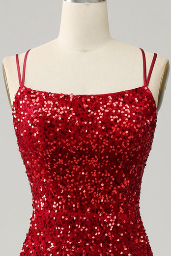 Fringes Red Sequin Mermaid Prom Dress with Slit