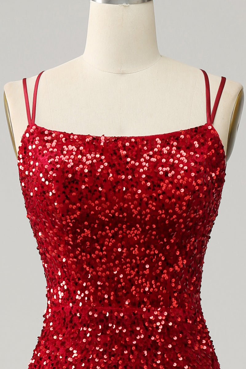 Load image into Gallery viewer, Fringes Red Sequin Mermaid Prom Dress with Slit