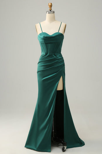 Dark Green Mermaid Spaghetti Straps Satin Prom Dress with Slit