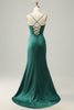 Load image into Gallery viewer, Dark Green Mermaid Spaghetti Straps Satin Prom Dress with Slit