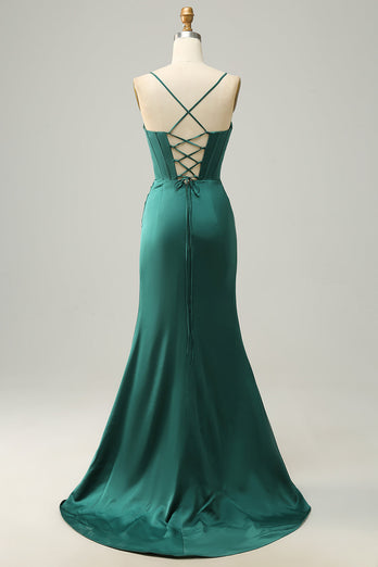 Dark Green Mermaid Spaghetti Straps Satin Prom Dress with Slit