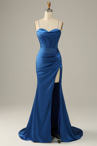 Royal Blue Satin Mermaid Corset Prom Dress with Slit