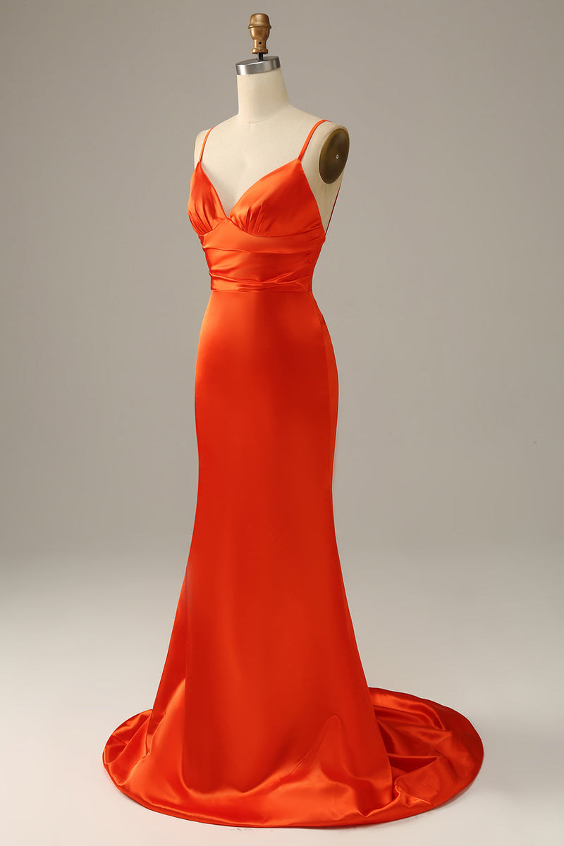 Load image into Gallery viewer, Orange Spaghetti Straps Mermaid Prom Dress