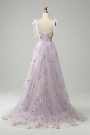 A-line Tulle Lavender Prom Dress with Embroidery