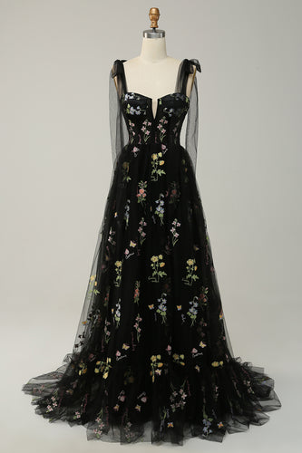 A-line Tulle Black Prom Dress with Embroidery