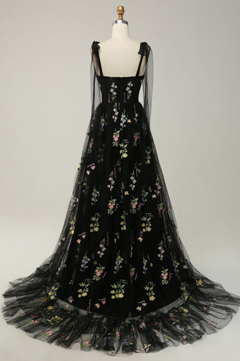 A-line Tulle Black Prom Dress with Embroidery