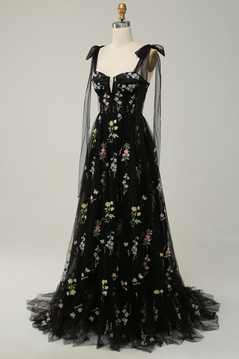 Load image into Gallery viewer, A-line Tulle Black Prom Dress with Embroidery