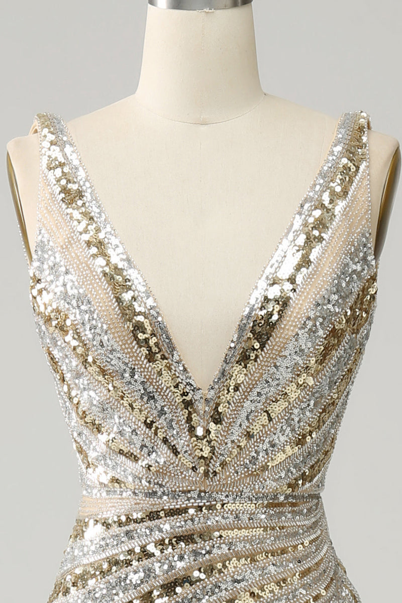 Load image into Gallery viewer, Sheath Deep V Neck Golden Beaded Sparkly Prom Dress with Silt