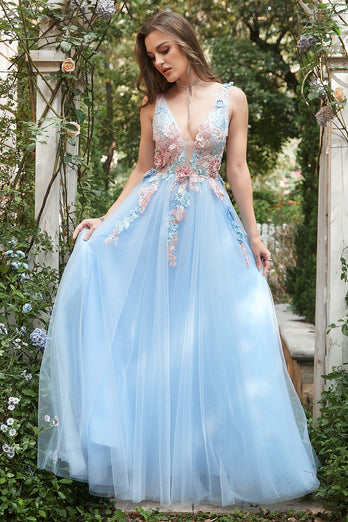 Blue Tulle Princess Prom Dress with 3D Flowers