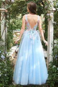 Blue Tulle Princess Prom Dress with 3D Flowers