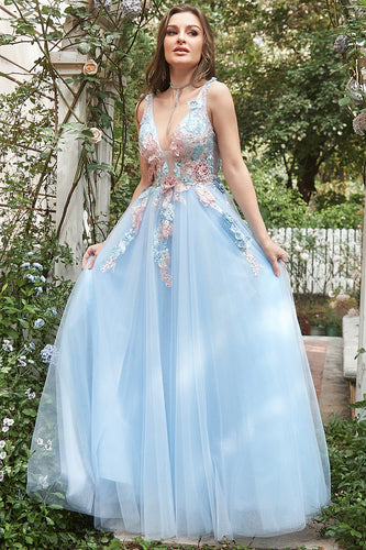 Blue Tulle Princess Prom Dress with 3D Flowers