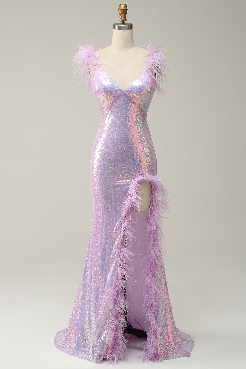 Load image into Gallery viewer, Sweetheart Mermaid Purple Sequins Sparkly Prom Dress with Feather