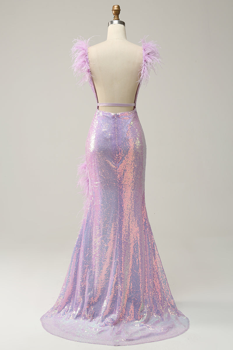 Load image into Gallery viewer, Sweetheart Mermaid Purple Sequins Sparkly Prom Dress with Feather