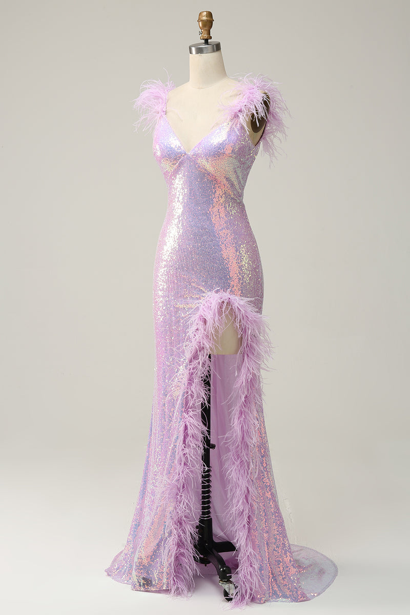 Load image into Gallery viewer, Sweetheart Mermaid Purple Sequins Sparkly Prom Dress with Feather