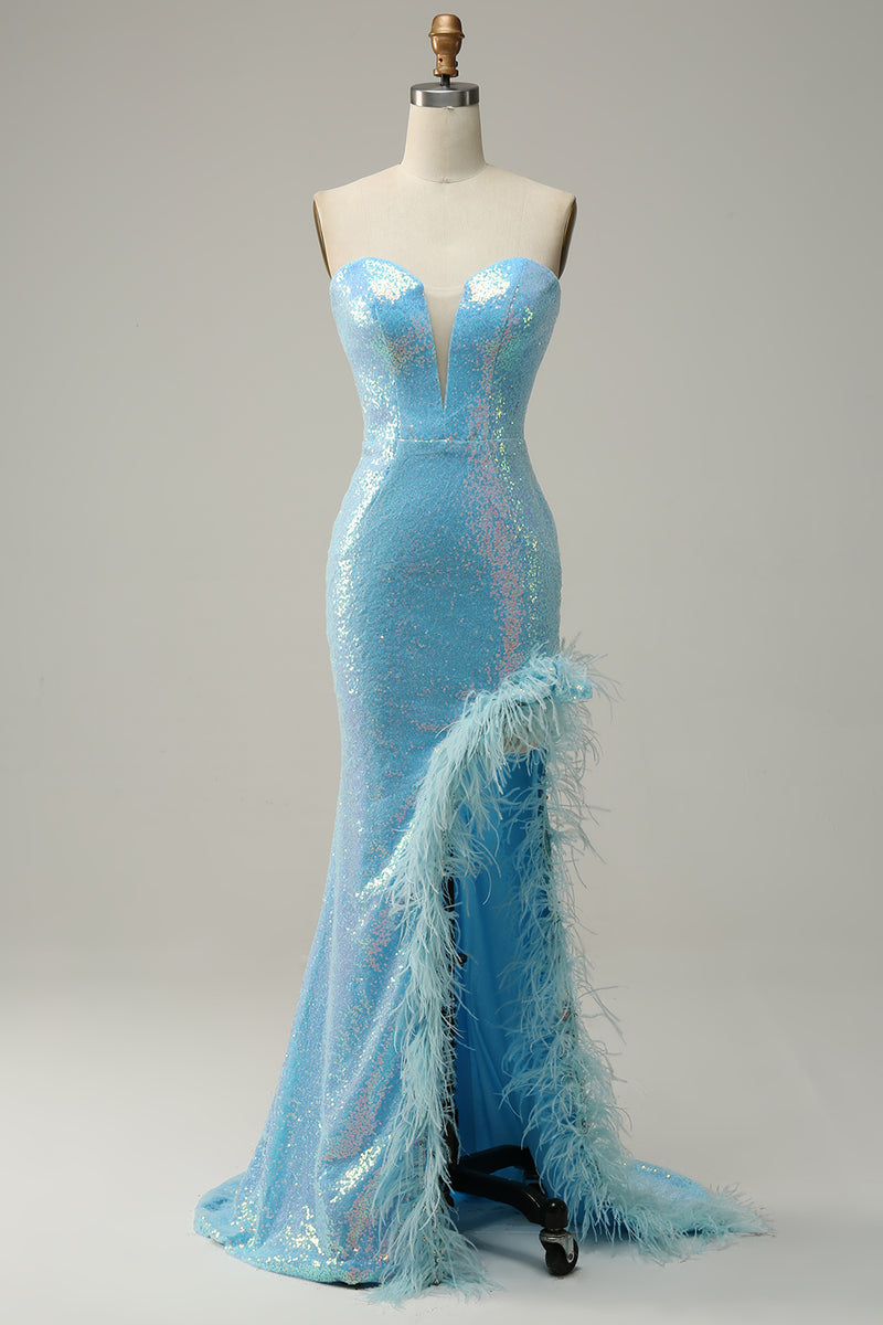 Load image into Gallery viewer, Blue Mermaid Sparkly Prom Dress with Feather