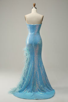 Blue Mermaid Sparkly Prom Dress with Feather