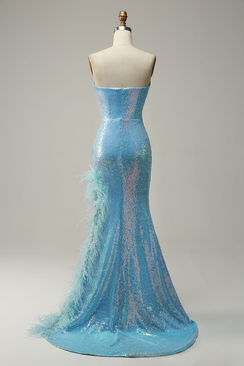 Load image into Gallery viewer, Blue Mermaid Sparkly Prom Dress with Feather