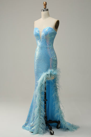 Blue Mermaid Sparkly Prom Dress with Feather