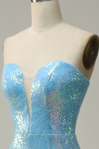 Blue Mermaid Sparkly Prom Dress with Feather