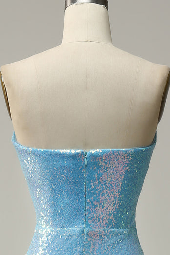 Blue Mermaid Sparkly Prom Dress with Feather