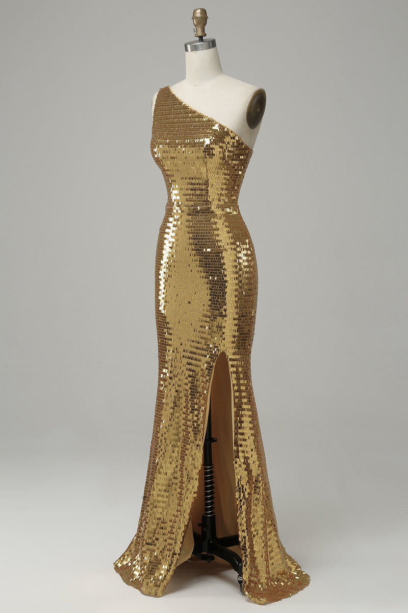 Load image into Gallery viewer, Golden Glitter One Shoulder Sequin Prom Dress with Slit