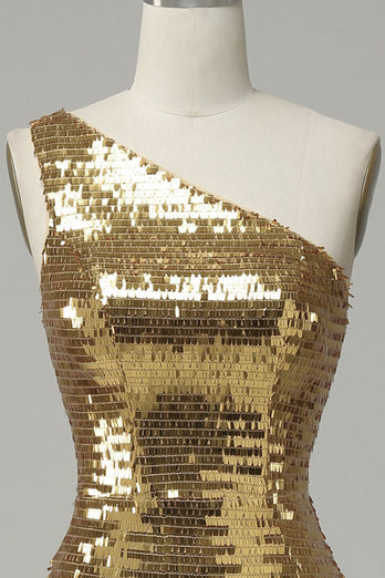 Golden Glitter One Shoulder Sequin Prom Dress with Slit