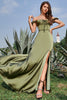 Load image into Gallery viewer, Army Green Off the Shoulder Long Bridesmaid Dress with Slit