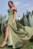 Load image into Gallery viewer, Army Green Off the Shoulder Long Bridesmaid Dress with Slit